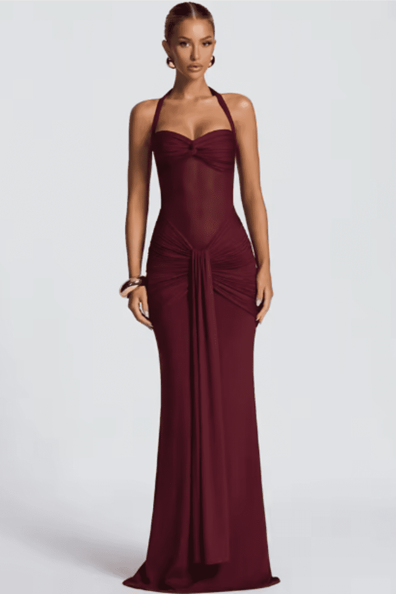 Elegant Halter Neck Ruched Maxi Dress for Women - Floor-Length Long Dress 1