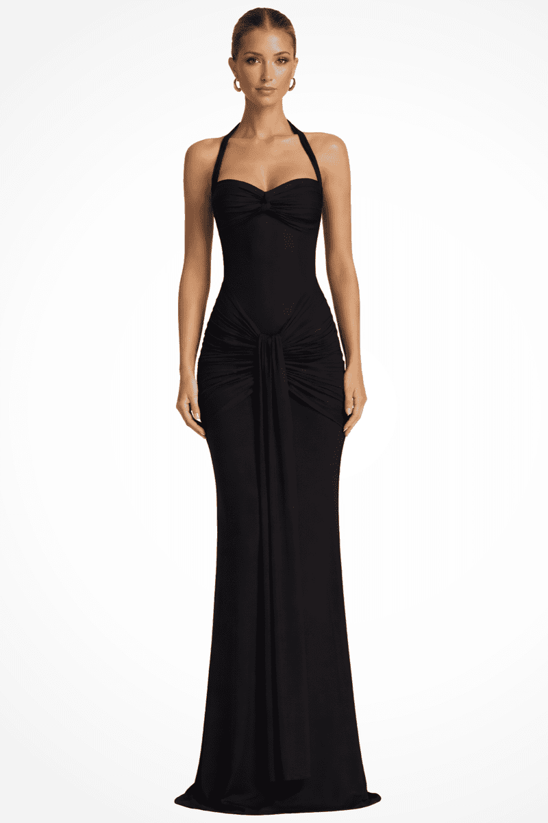 Elegant Halter Neck Ruched Maxi Dress for Women - Floor-Length Long Dress 2