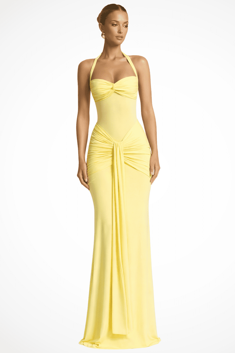 Elegant Halter Neck Ruched Maxi Dress for Women - Floor-Length Long Dress 4