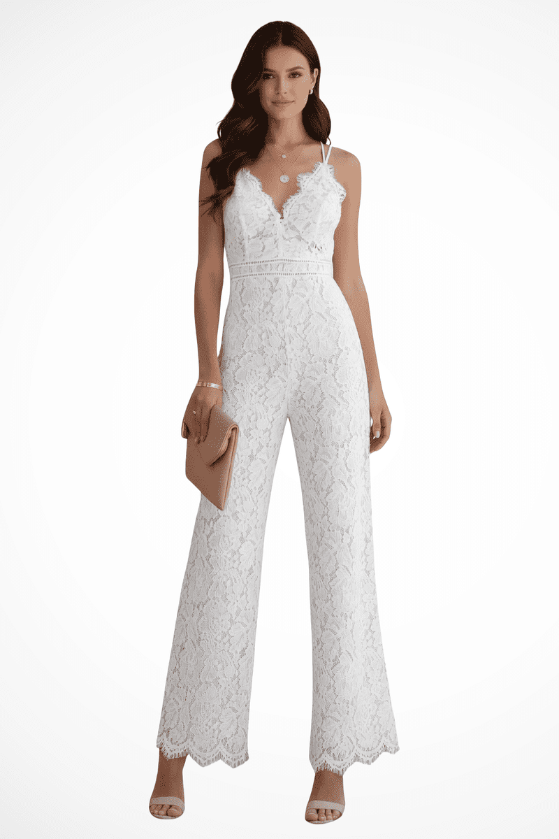 Elegant Lace V Neck Strappy Wide Leg Women's Jumpsuit for Special Occasions 0