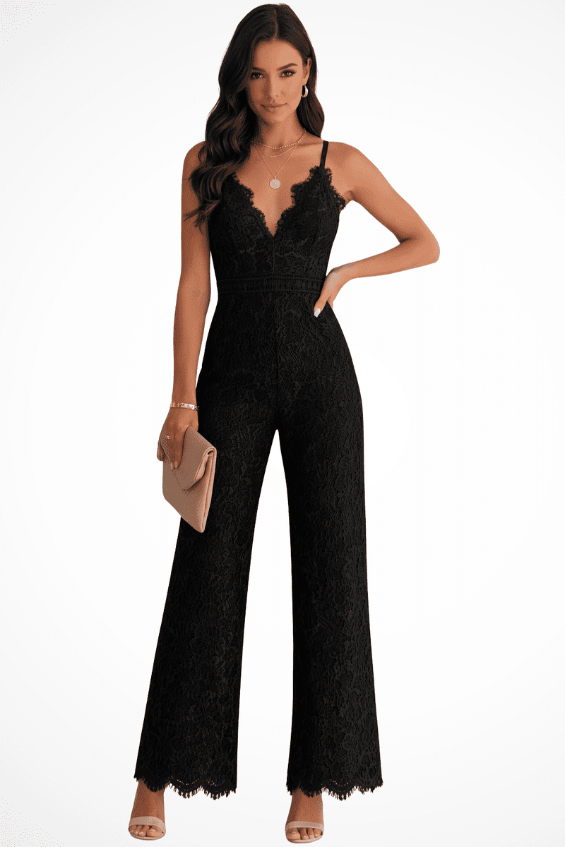 Elegant Lace V Neck Strappy Wide Leg Women's Jumpsuit for Special Occasions 4