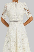 Elegant Lace White Dress - High Neck A-Line Midi Wedding Guest Cocktail Formal Dress 0