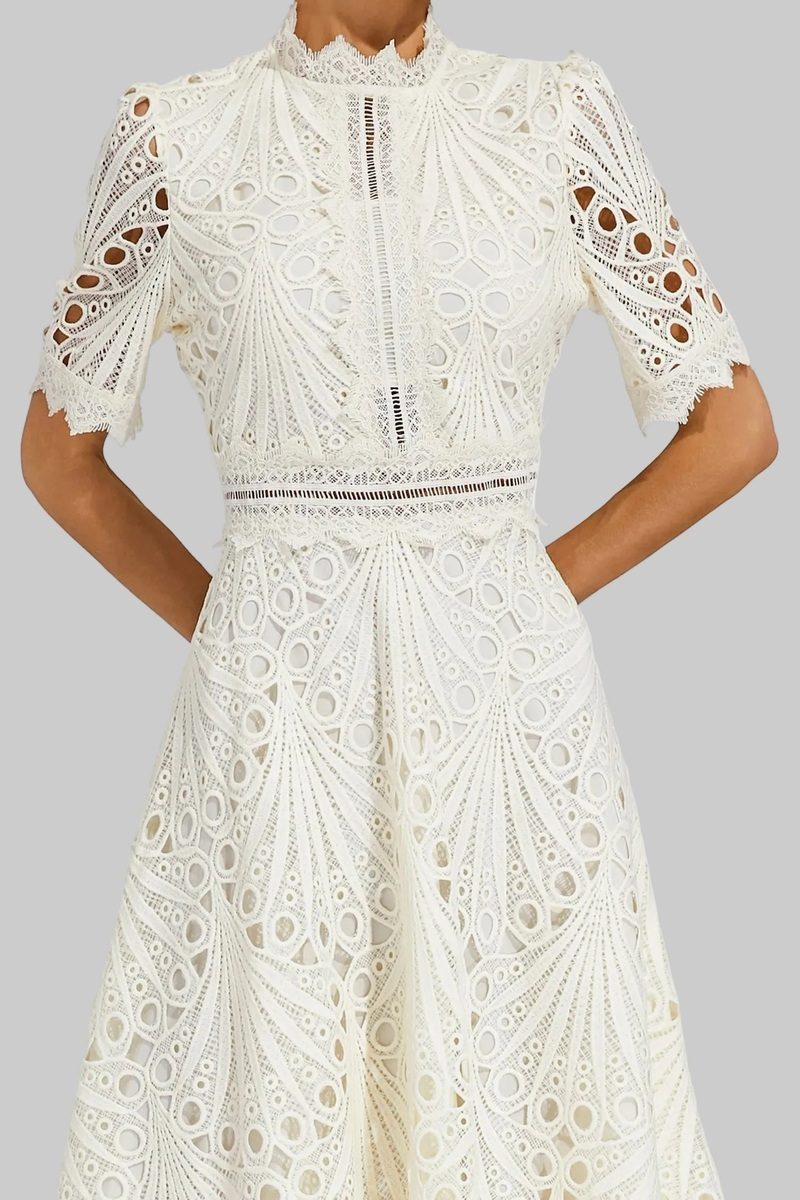Elegant Lace White Dress - High Neck A-Line Midi Wedding Guest Cocktail Formal Dress 0
