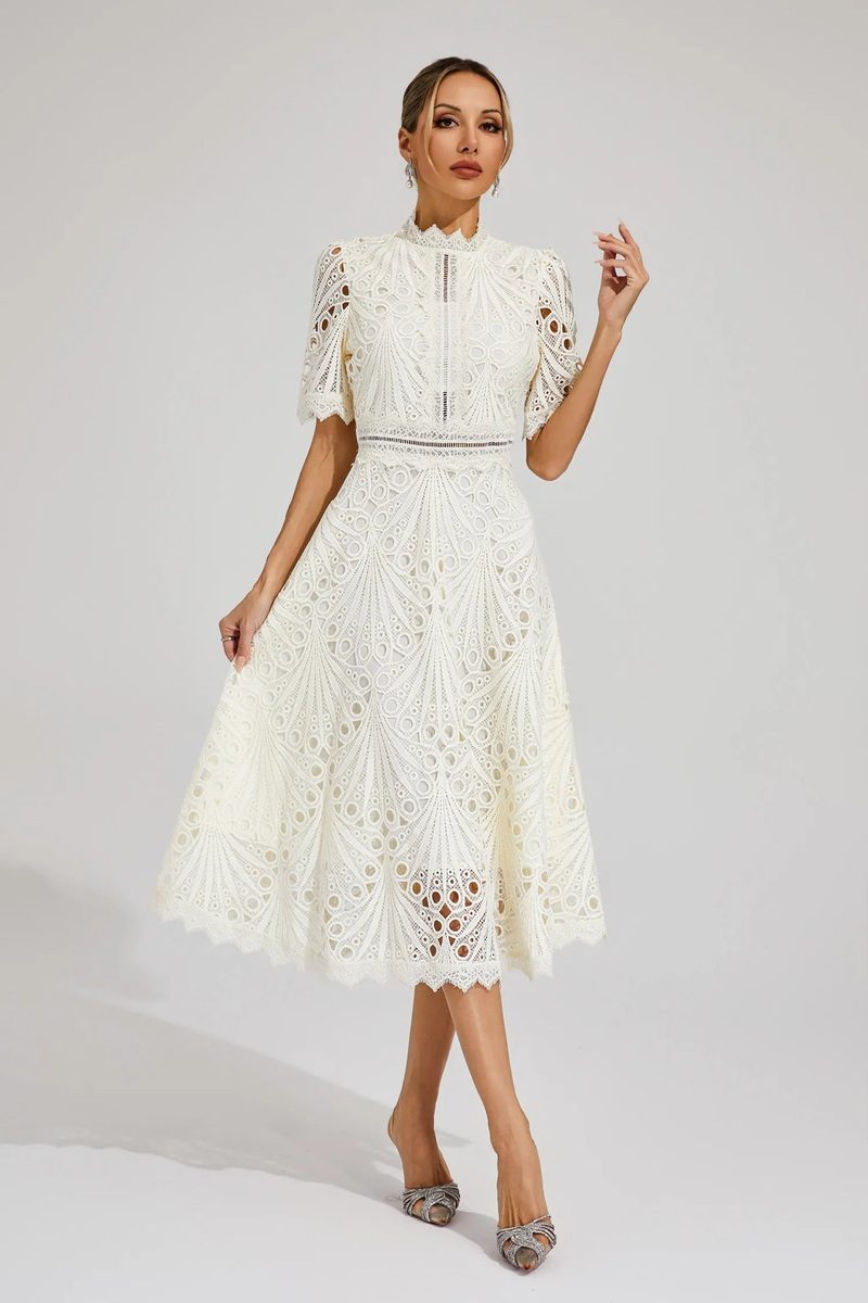 Elegant Lace White Dress - High Neck A-Line Midi Wedding Guest Cocktail Formal Dress 1