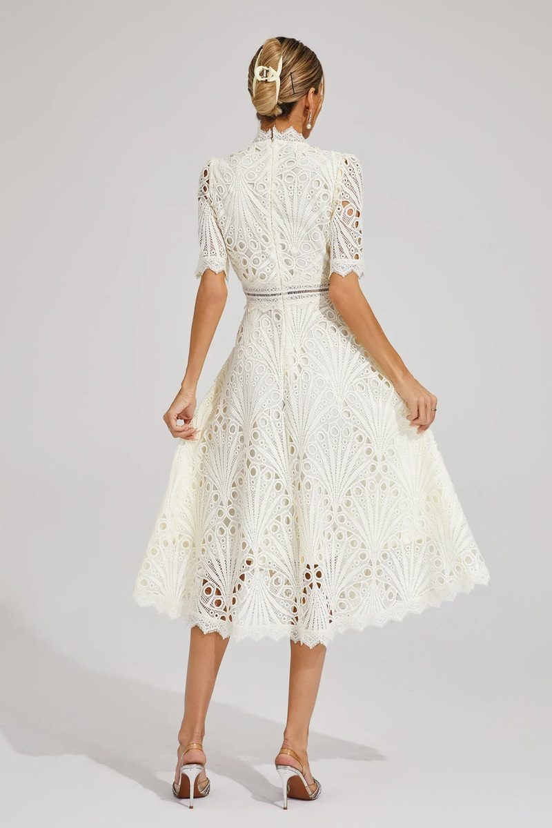 Elegant Lace White Dress - High Neck A-Line Midi Wedding Guest Cocktail Formal Dress 2