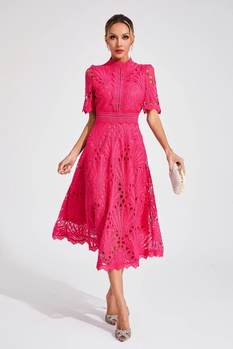 Elegant Lace White Dress - High Neck A-Line Midi Wedding Guest Cocktail Formal Dress 3