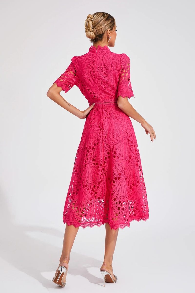 Elegant Lace White Dress - High Neck A-Line Midi Wedding Guest Cocktail Formal Dress 4