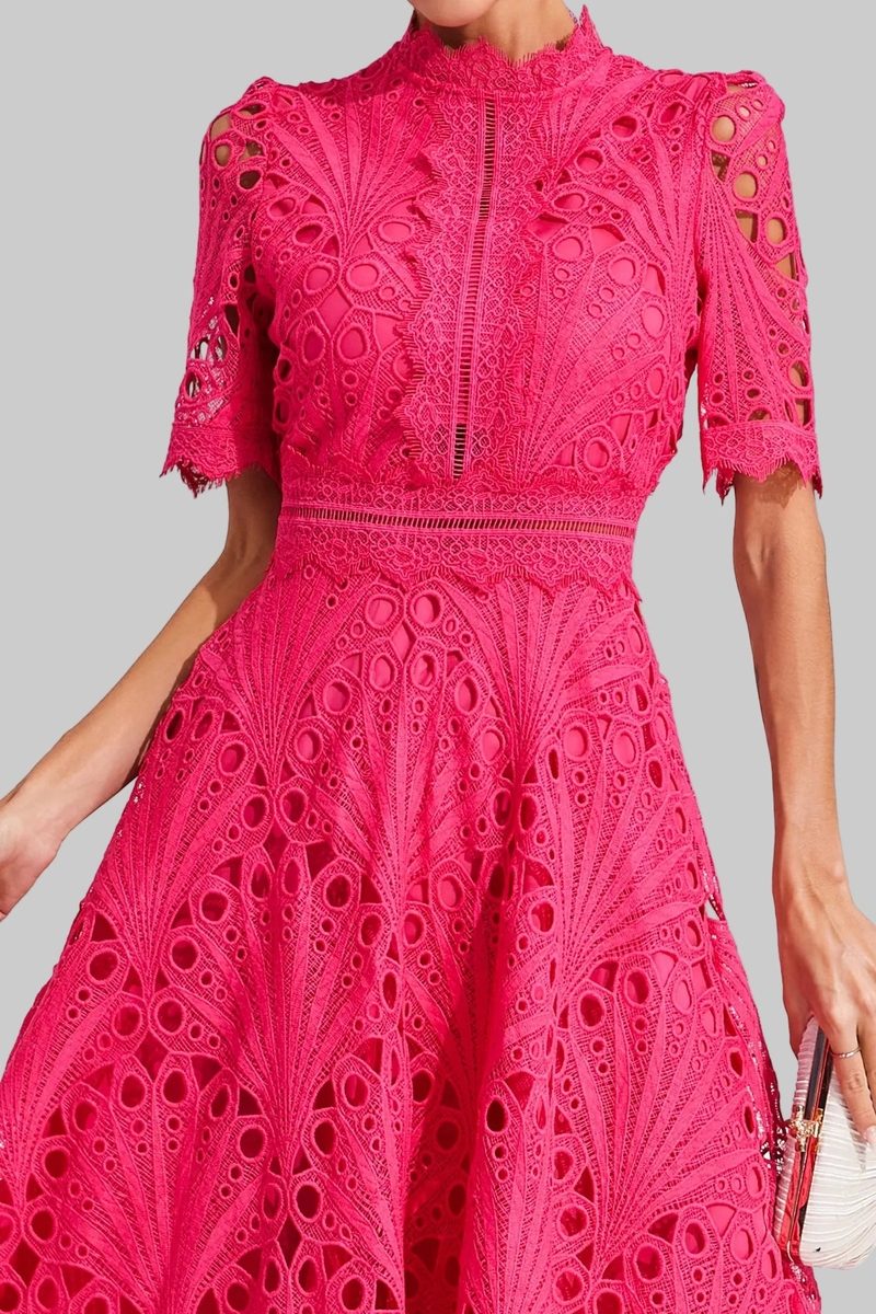 Elegant Lace White Dress - High Neck A-Line Midi Wedding Guest Cocktail Formal Dress 5