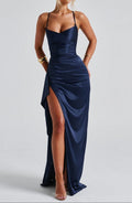 Elegant Navy Blue Evening Dress with Spaghetti Straps & High Slit for Women 0