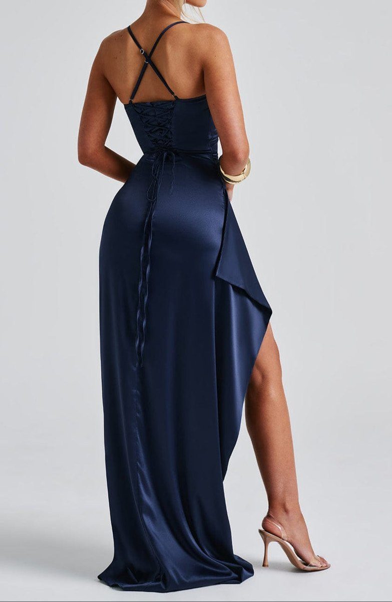Elegant Navy Blue Evening Dress with Spaghetti Straps & High Slit for Women 1