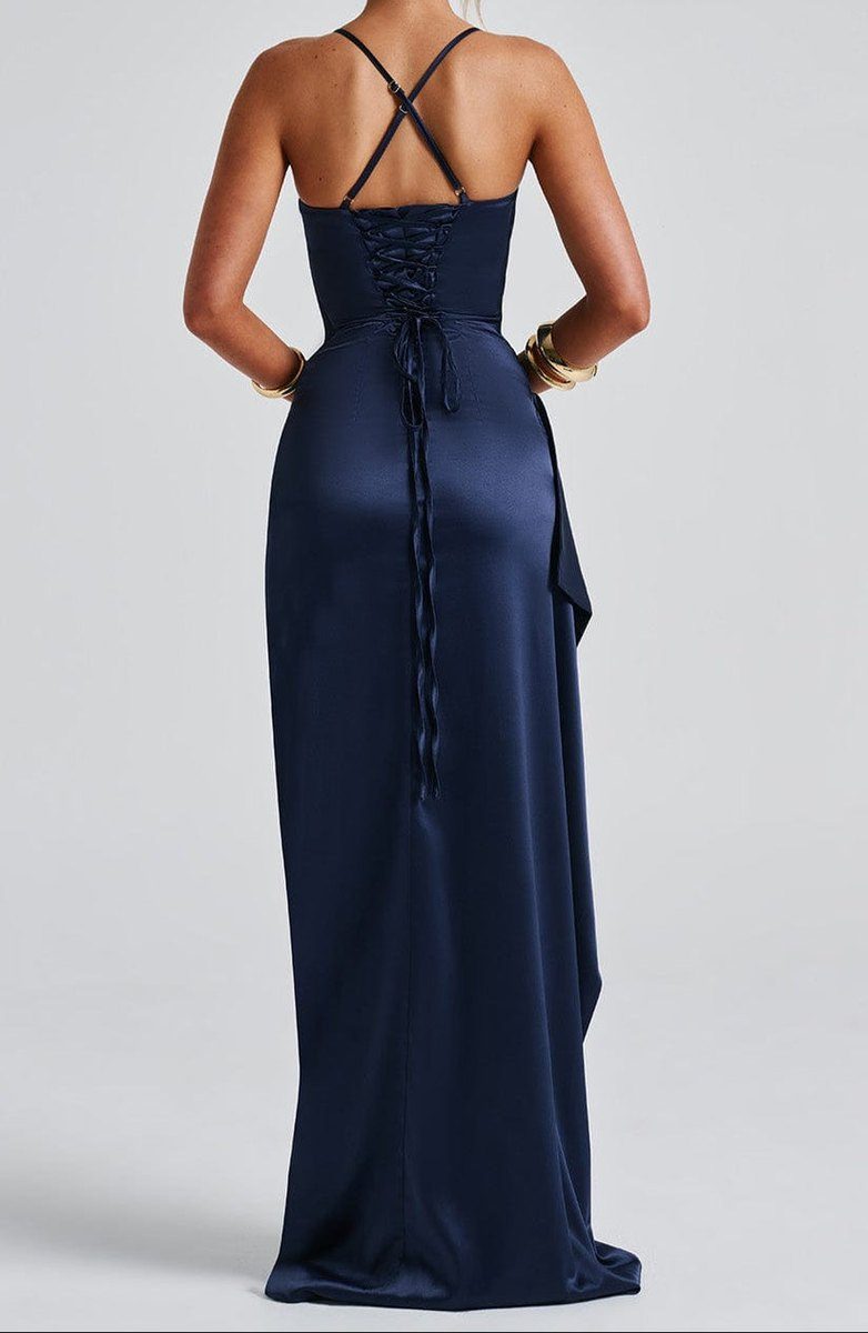 Elegant Navy Blue Evening Dress with Spaghetti Straps & High Slit for Women 3