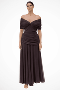 Elegant Off-Shoulder Women's Dress - Pleated Summer Dress for Warm Weather Events 0