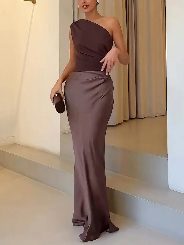 Elegant One Shoulder Neck Pleated Maxi Dress for Women - Long Plus Size Options 5