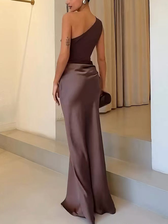 Elegant One Shoulder Neck Pleated Maxi Dress for Women - Long Plus Size Options 6