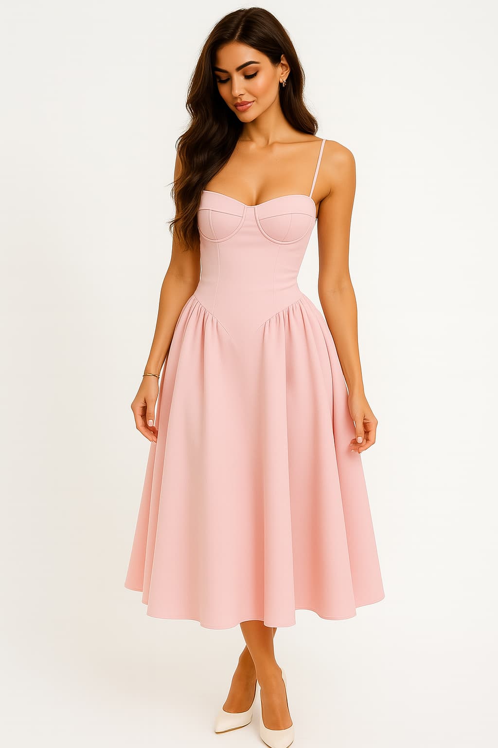 Elegant Pink A-Line Midi Dress for Women - Summer Cocktail Dress with Corset Bodice 0