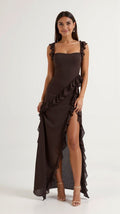 Elegant Ruffled Maxi Dress for Women - Body-Hugging Design with High Slit 0