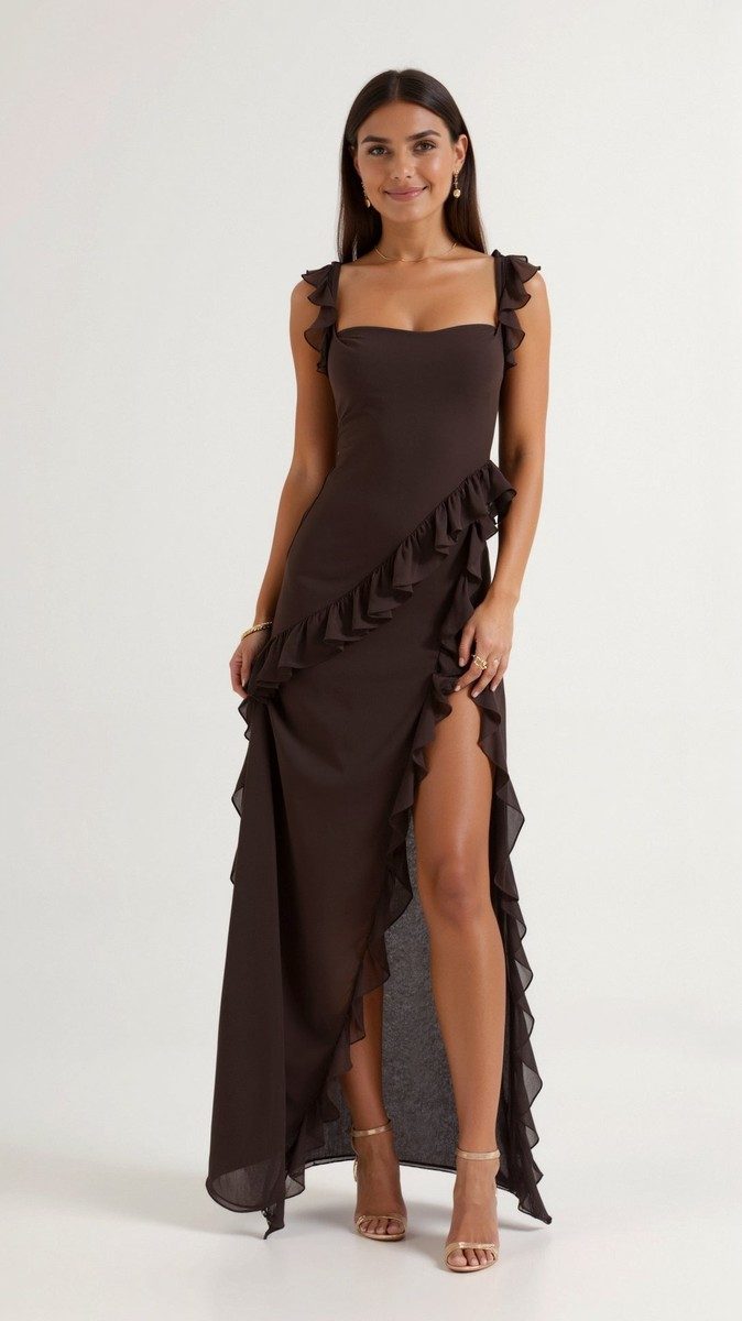 Elegant Ruffled Maxi Dress for Women - Body-Hugging Design with High Slit 0