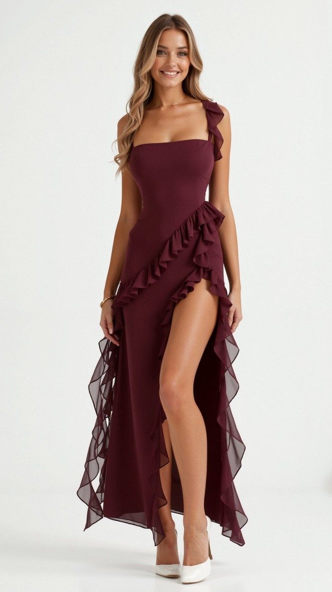 Elegant Ruffled Maxi Dress for Women - Body-Hugging Design with High Slit 10
