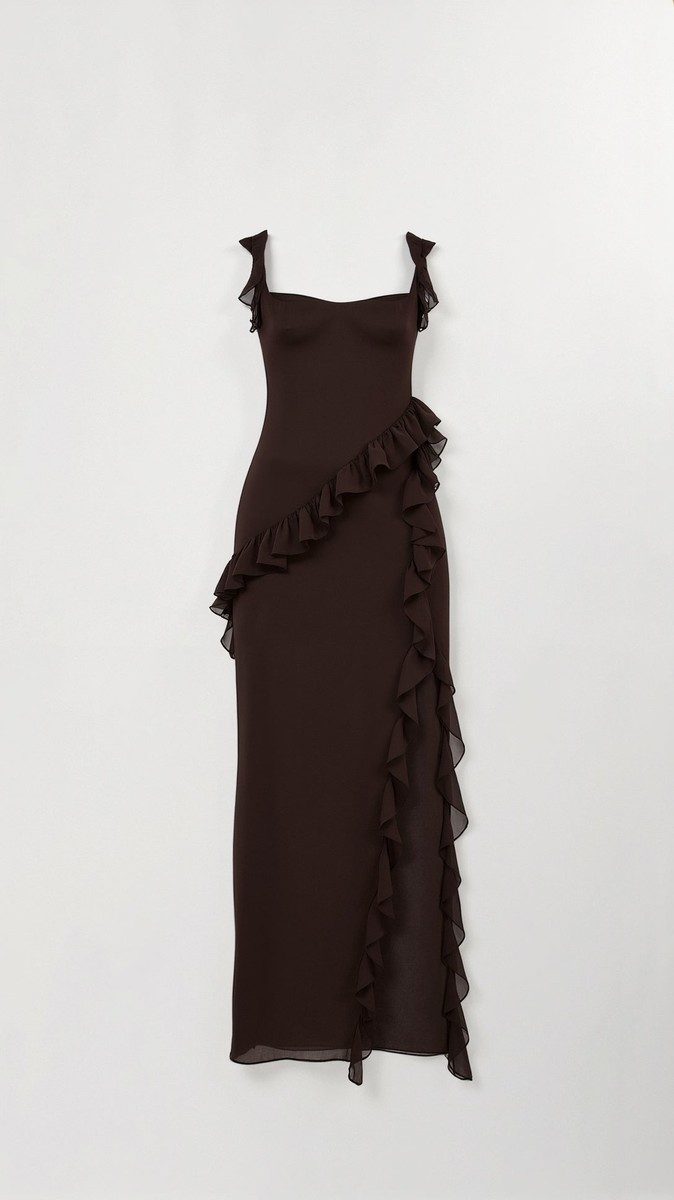 Elegant Ruffled Maxi Dress for Women - Body-Hugging Design with High Slit 2