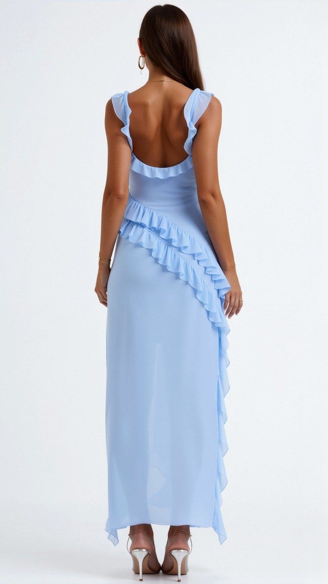 Elegant Ruffled Maxi Dress for Women - Body-Hugging Design with High Slit 4