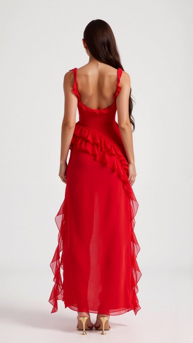 Elegant Ruffled Maxi Dress for Women - Body-Hugging Design with High Slit 7