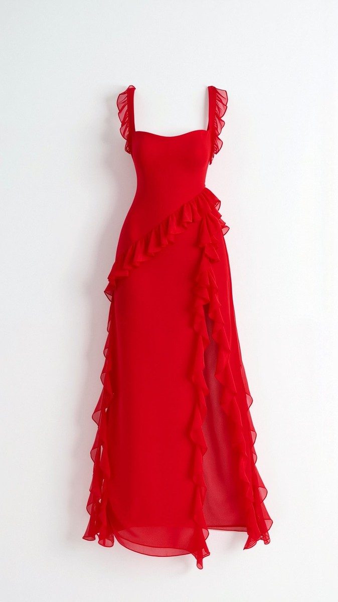Elegant Ruffled Maxi Dress for Women - Body-Hugging Design with High Slit 8