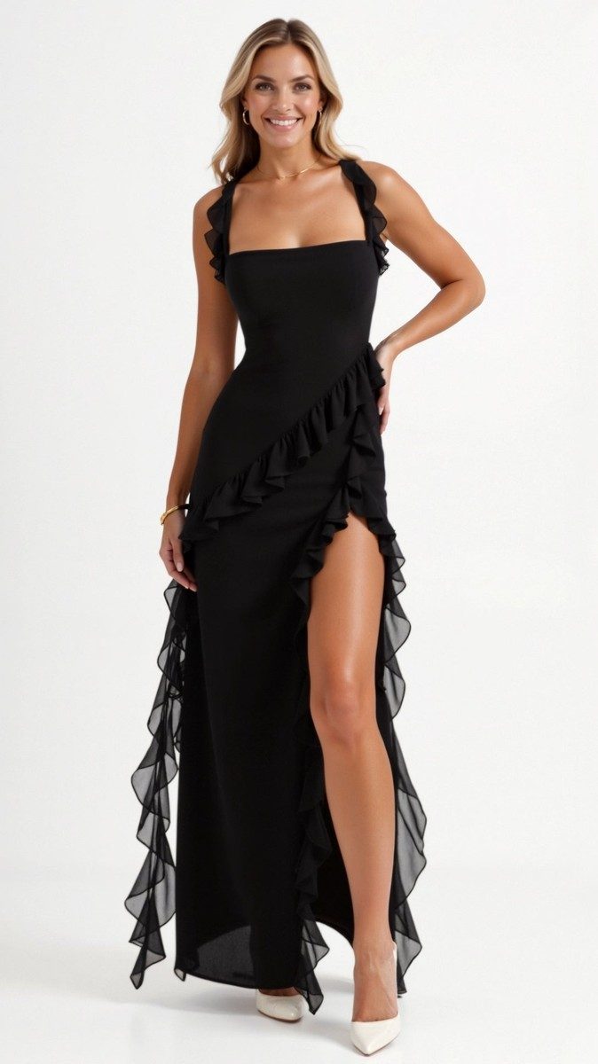 Elegant Ruffled Maxi Dress for Women - Body-Hugging Design with High Slit 9