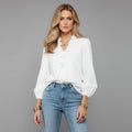 Elegant Satin Blouse for Women - Puff Sleeve Top with Ruffle Trim 0
