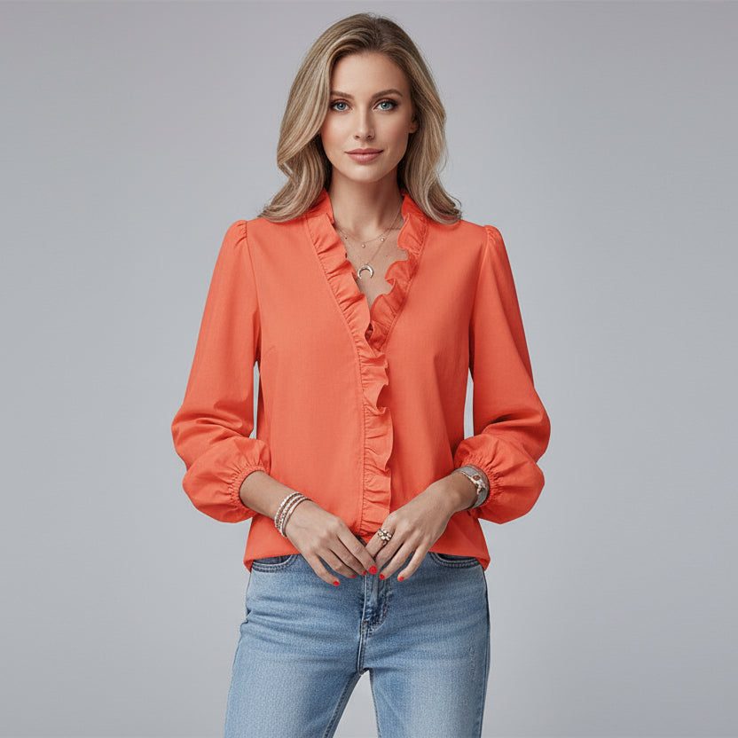 Elegant Satin Blouse for Women - Puff Sleeve Top with Ruffle Trim 3