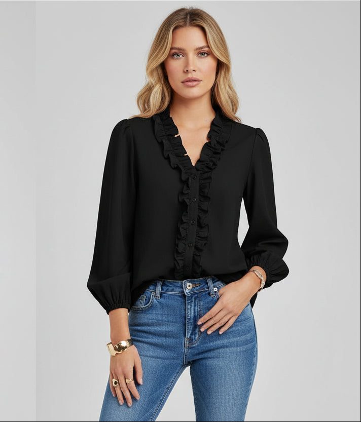 Elegant Satin Blouse for Women - Puff Sleeve Top with Ruffle Trim 4