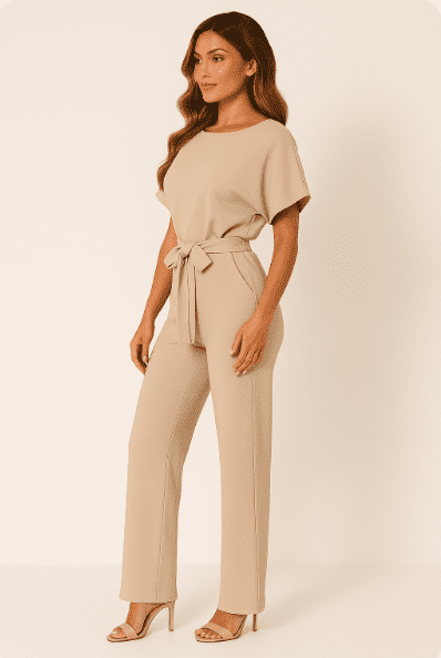 Elegant Tie Belt Jumpsuit Set for Women - Adjustable Belt, Flowing Fabric 1