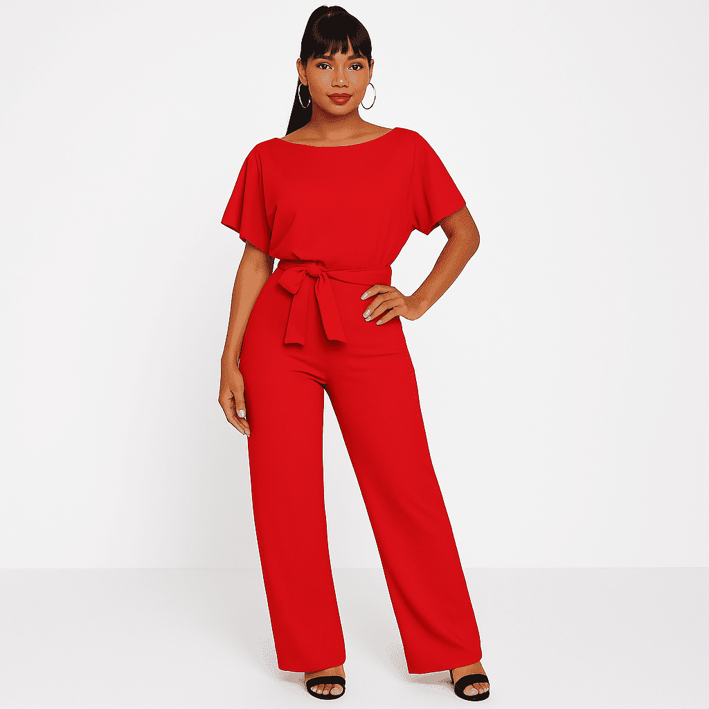 Elegant Tie Belt Jumpsuit Set for Women - Adjustable Belt, Flowing Fabric 10