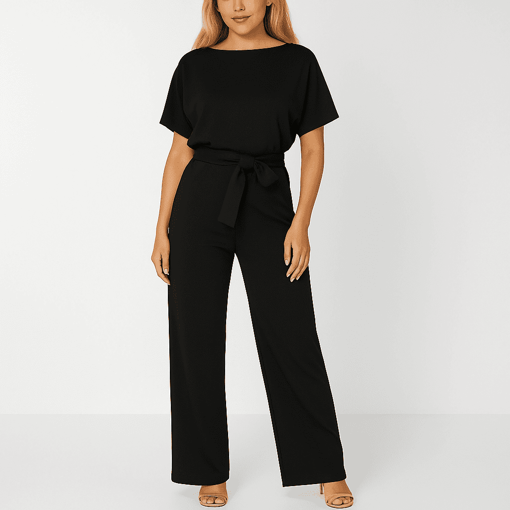 Elegant Tie Belt Jumpsuit Set for Women - Adjustable Belt, Flowing Fabric 3