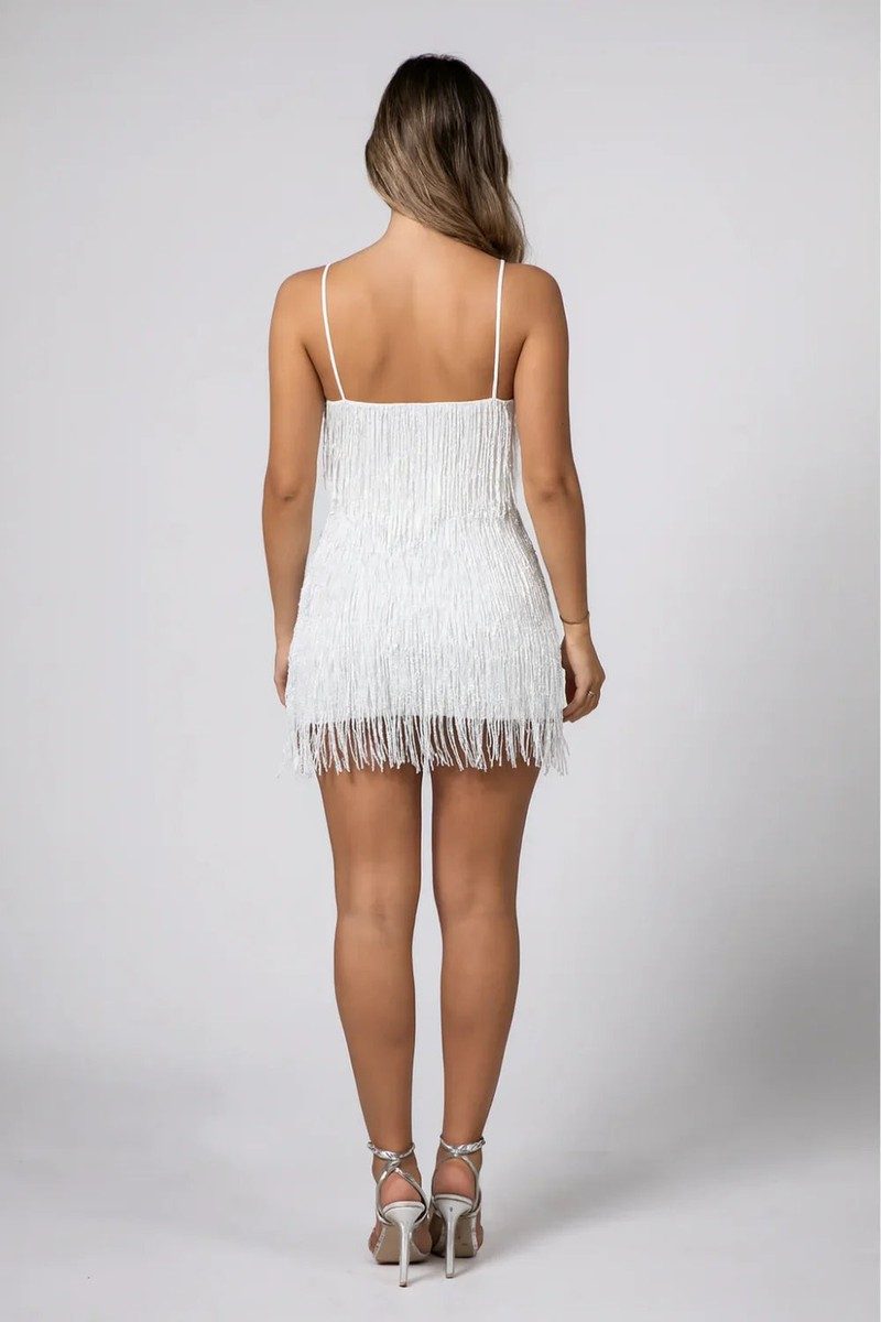 Elegant White Mini Dress with Fringe, V-Neckline & Spaghetti Straps for Women 1