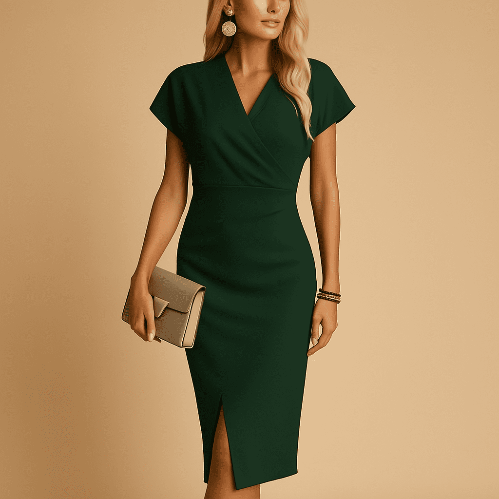 Elegant Women's Black Midi Dress with V-Neck and Front Split for Formal Wear 8