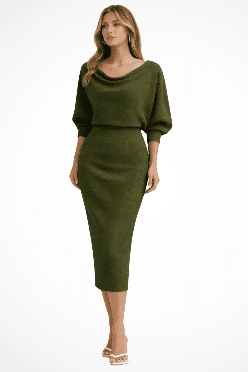 Elegant Women's Draped Batwing Sleeve Midi Dress - Formal Cocktail Dresses 6