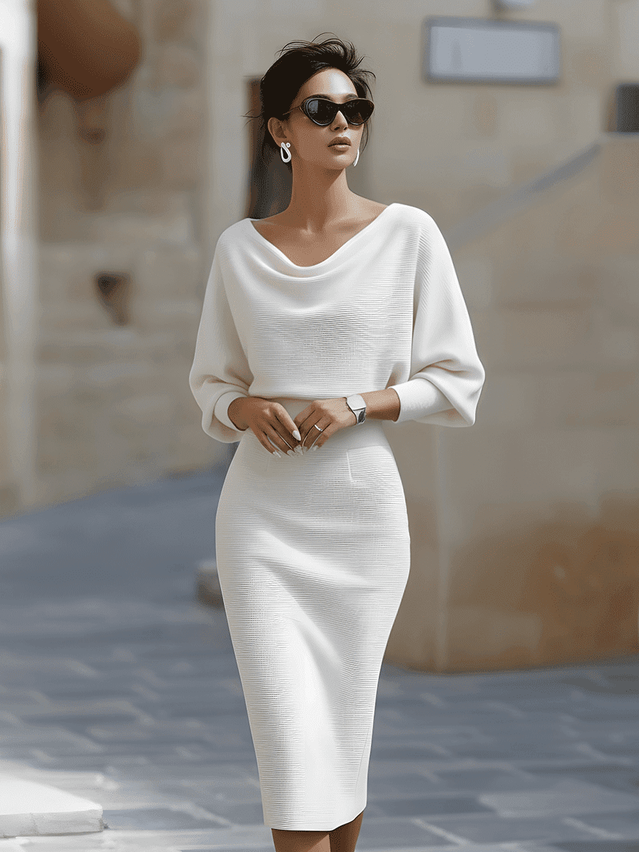 Elegant Women's Draped Batwing Sleeve Midi Dress - Formal Cocktail Dresses 7