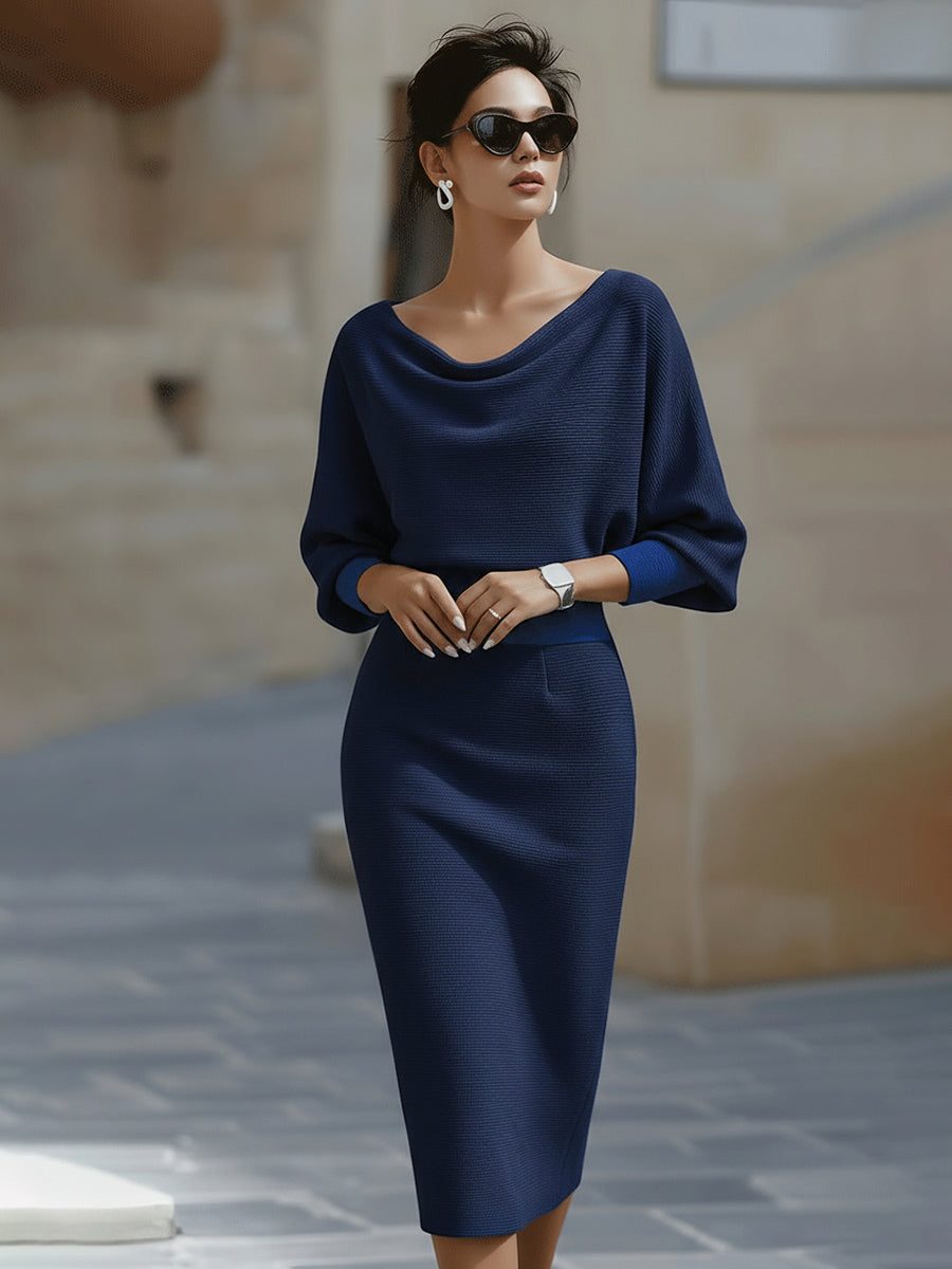 Elegant Women's Draped Batwing Sleeve Midi Dress - Formal Cocktail Dresses 8
