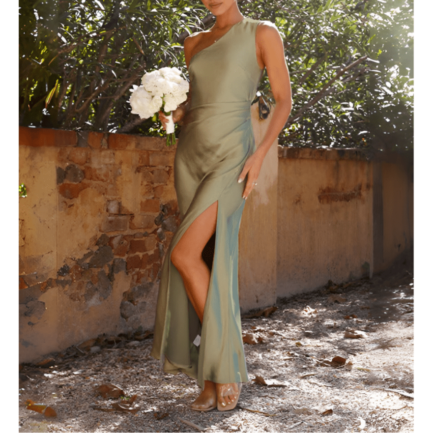 Elegant Women's Green One-Shoulder Maxi Dress for Formal Events & Weddings 0