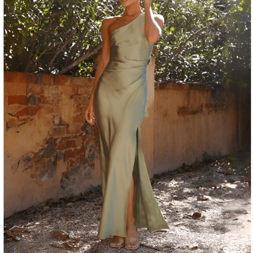 Elegant Women's Green One-Shoulder Maxi Dress for Formal Events & Weddings 2