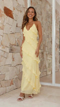 Elegant Women's Halter Neck Maxi Dress with Tiered Ruffles for Summer Events 0