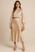 Elegant Women's High Neck Midi Dress - Flared Hem & Long Sleeves for Formal Events 0