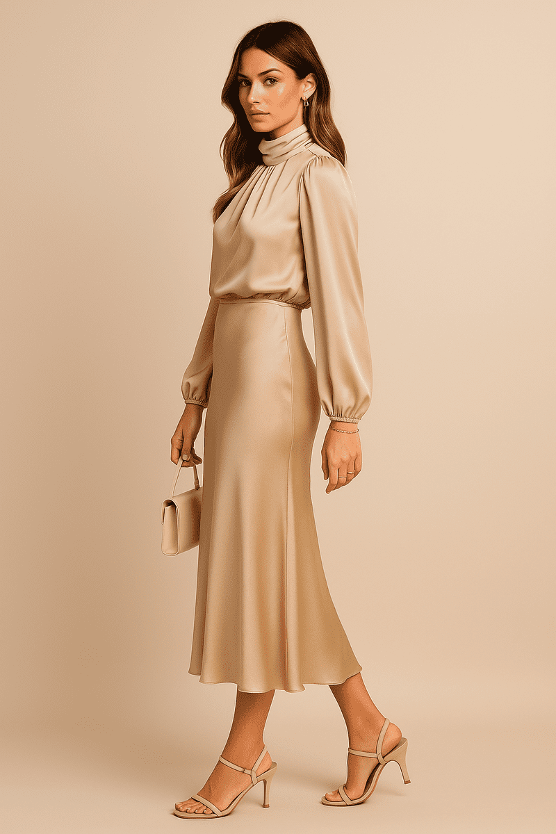Elegant Women's High Neck Midi Dress - Flared Hem & Long Sleeves for Formal Events 1