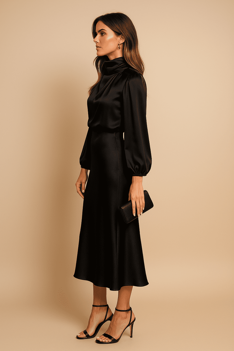 Elegant Women's High Neck Midi Dress - Flared Hem & Long Sleeves for Formal Events 3