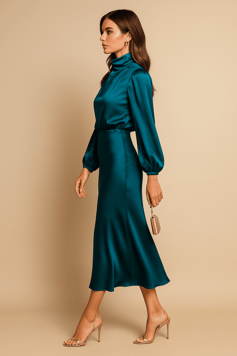 Elegant Women's High Neck Midi Dress - Flared Hem & Long Sleeves for Formal Events 4