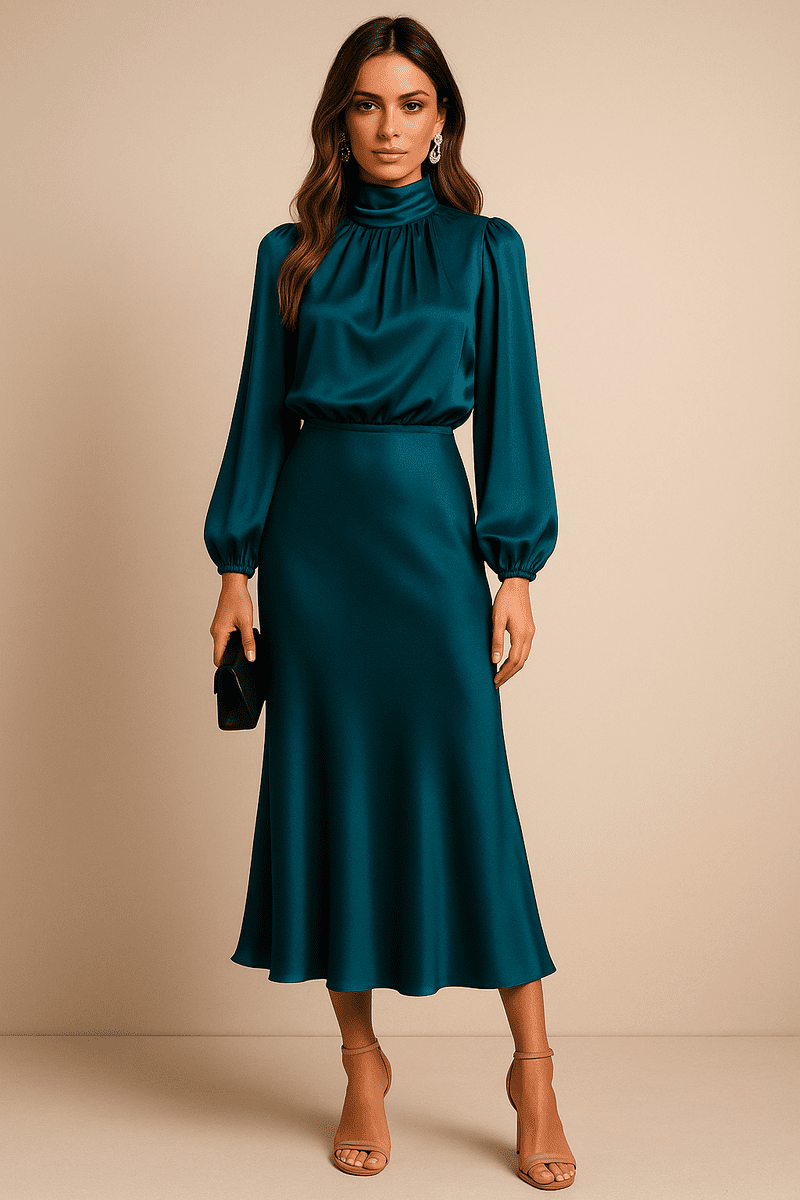 Elegant Women's High Neck Midi Dress - Flared Hem & Long Sleeves for Formal Events 5