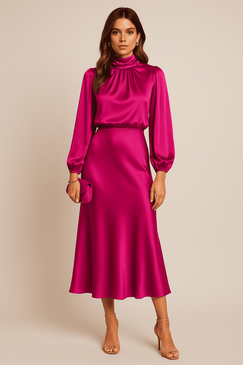 Elegant Women's High Neck Midi Dress - Flared Hem & Long Sleeves for Formal Events 6