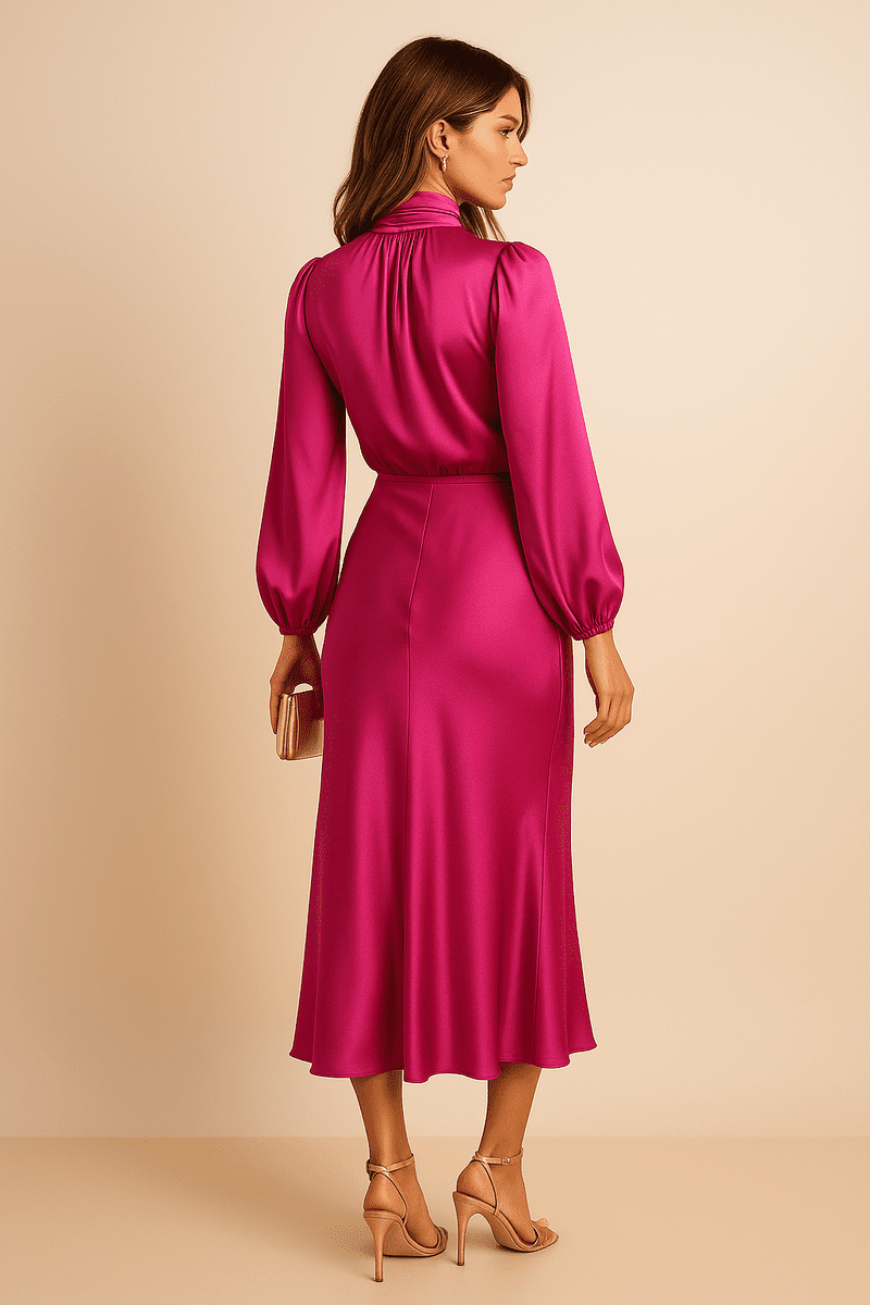 Elegant Women's High Neck Midi Dress - Flared Hem & Long Sleeves for Formal Events 7