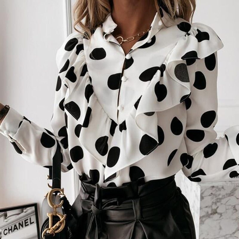 Elegant Women's Long Sleeve Blouse - Leopard & Polka Dot Print Top 1