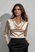 Elegant Women's Long Sleeve Blouse with Draped Cowl Neck Design 0